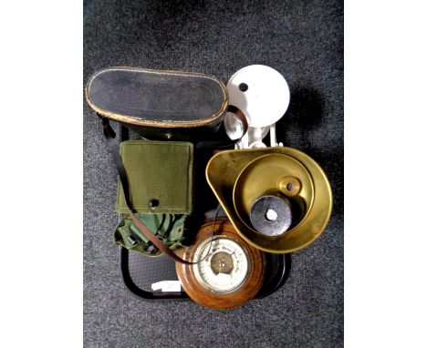 A tray containing Edwardian barometer, vintage kitchen scales with weights, together with a set of cased binoculars and milit