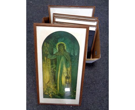 A box containing assorted framed pictures and prints to include Cyril Webber print, Hill top, colours prints, hens, religious