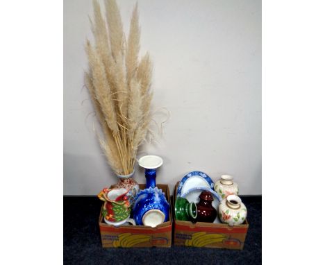 Two boxes containing a quantity of antique and later china to include jardiniere on stand, oriental vases, meat plates, ceram