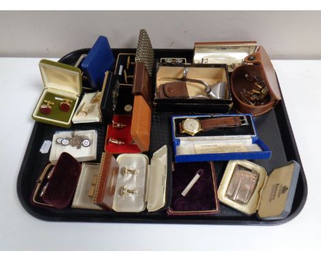 A tray containing costume jewellery, cuff links, boxed Ronson Varaflame lighter, gent's Ernest Borel gold plated calendar wri