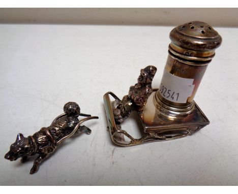 A silver post box pepper pot, height 4.2 cm, on a silver dog lead sled (as found) 