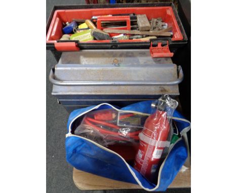 A bag, a Curver toolbox and a metal concertina toolbox containing a large quantity of assorted hand tools, fire extinguisher,