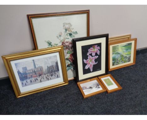 A box containing assorted pictures and prints including an L. S. Lowry print, 'Coming Home from the Mill', a K. Burden painti