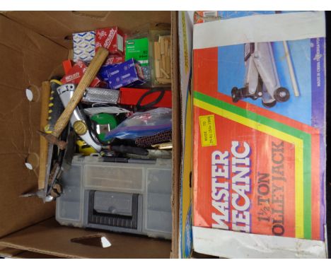 A box containing various hand tools, toolbox, tape measures, together with a boxed Master Mechanic half tonne trolley jack  