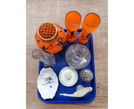 A tray containing antique and later glassware, Lladro figure of a duck, a Wedgwood black basalt table lighter, trinket dishes