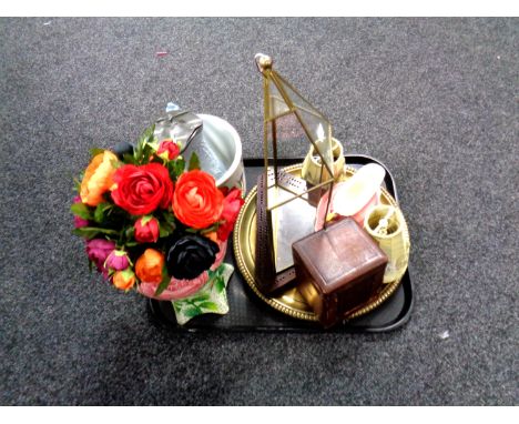 A tray containing miscellaneous to include leather carriage clock case, plated tray, vase, planter, Royal Winton gravy boat o