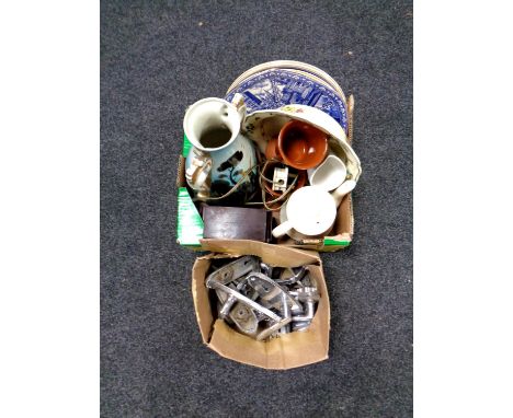 Two boxes containing chrome door handles, assorted china to include Royal Doulton bowl, Ringtons plates, electric Bakelite ma