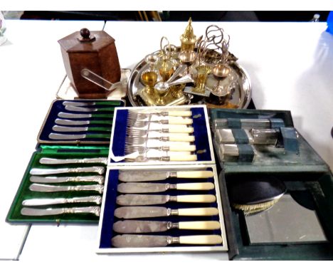 A tray containing assorted plated wares, cased plated cutlery, gent's travel set, wooden tea caddy etc  