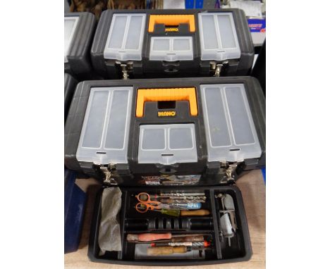 Three plastic toolboxes containing a large quantity of assorted hand tools 