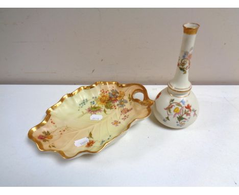 A Royal Worcester hand painted ivory bud vase with floral decoration No. 1528, height 17.3 cm, together with a further Royal 