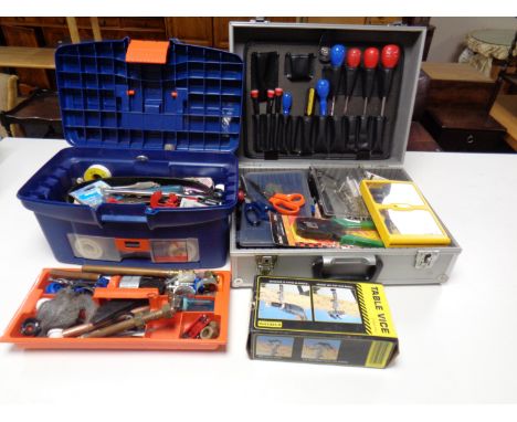 A plastic toolbox and an aluminium case containing a large quantity of assorted hand tools, miniature screwdrivers, together 