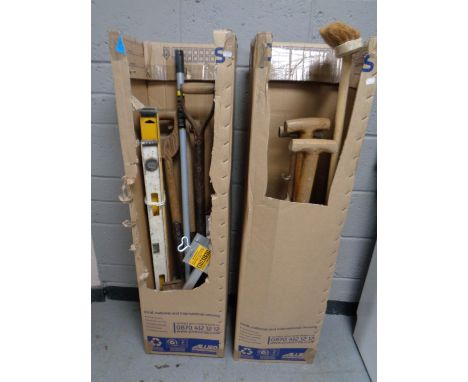 Two boxes containing a large quantity of garden tools, spirit levels etc  