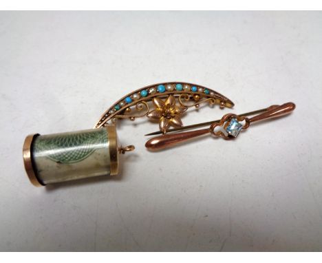 Two 9ct gold seed pearl brooches together with a 9ct gold charm 
