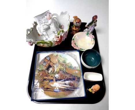 A tray containing assorted ceramics to include continental figures, Maling dish, Denby sugar basin, boxed Royal Worcester pla