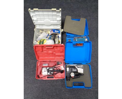 A cased Power Devil hammer drill together with cased jigsaw and sander, and a further plastic toolbox containing hardware 