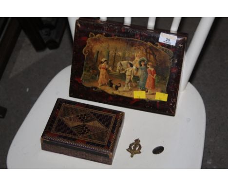 A late 19th century painted wood box with figural vignette of children, a straw work box and a Royal Army medical corps cap b