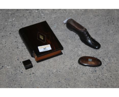 A Mother of Pearl inlaid rosewood book form box, and a 19th century shoe form snuff box (each with minor damages)