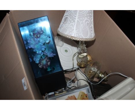 A boxed lot of glowing electric flower ornament, lamp, glassware, dust away supreme etc  