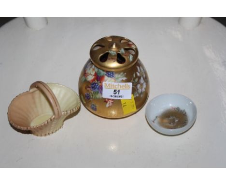 A Royal Worcester blush ivory basket, with day code for 1903, together with a continental gilt floral decorated potpourri, ma