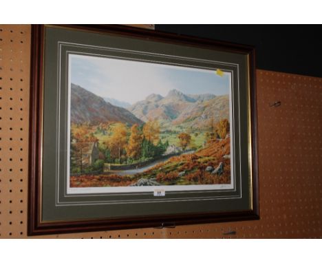 A print of Great Langdale, by K Melling, signed, mounted and framed
