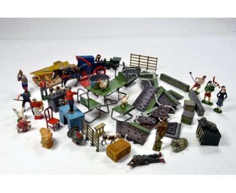 Misc group of lead metal garden, accessories and figures from various makers. Johillco, Britains etc. Some scarce issues. 