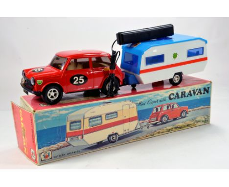 Extremely Scarce Mister P (Greece) Large Scale Battery Operated Mini Cooper with Caravan. Displays excellently in original bo