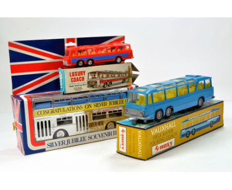 Unusual plastic issue bus coach group comprising Roxy Toys Vauxhall Coach, Laurie Toys Luxury Coach and Empire made large sca