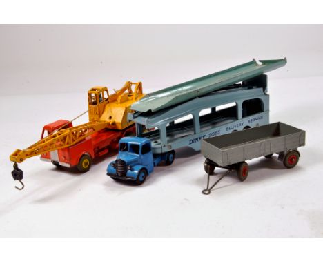 Dinky Unboxed Diecast group comprising Coles Crane, Car Transporter and Trailer. Generally G to E. (3)