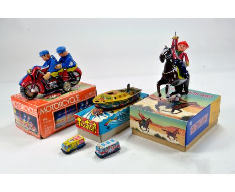 Group of Chinese and Japanese issue tin plate toys comprising Police Motorbike, Cowboy with Whip and others. Mainly Boxed. (5