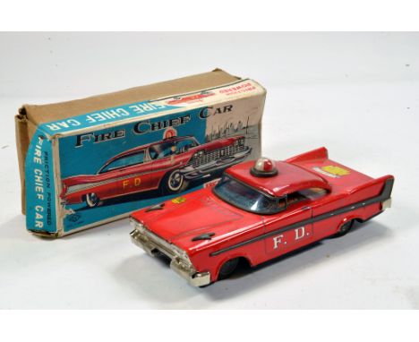 Stunning Yoneya (Japan) Friction Powered Tin Plate Fire Chief Car. Vibrantly preserved with original box. 