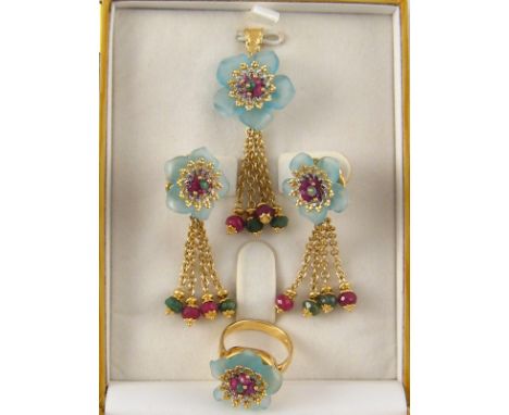 A suite of yellow metal (tests 18 carat gold) ruby and emerald set jewellery of floral design comprising earrings, ring and p