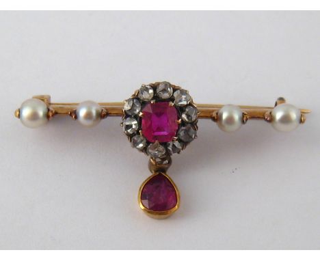 A Victorian 15 carat gold, ruby, rose cut diamond and pearl bar brooch, principal ruby approx 4.8 x 4.4mm, brooch approx 3.5c