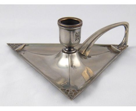 A WMF triangular chamber candlestick in the Jugendstil manner. 14x16x5.5cm. high. 