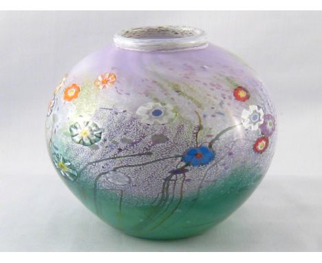 Chris Pantano (Australian, 1948-). A studio art glass globe vase with millefiore meadow flowers and grass, the base signed Pa