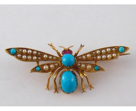 A Victorian 15 carat gold turquoise and seed pearl insect brooch, approx 4.5cm long, 5.8 gms.
