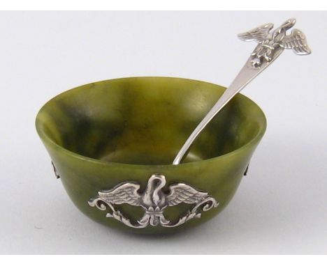 A Russian jade open salt with applied silver motifs of a swan with outstretched wings, 88 standard assay mark, St Petersberg,