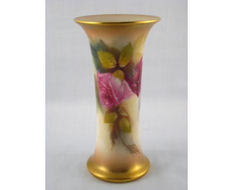 A Royal Worcester tall cylindrical vase with everted rim and base, hand painted with roses, the base with green factory mark 