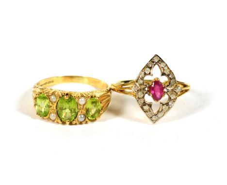 A 9 carat gold peridot and seed pearl ring, finger size Q; and another ring stamped '15CT', finger size K (2).  9 carat gold 