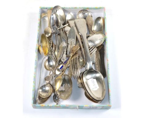 Assorted silver flatware including: a pair of Victorian Scottish table spoons; an  Irish fiddle pattern table spoon; part set