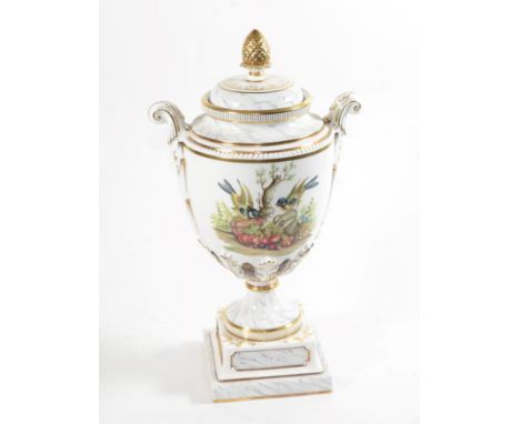 A Royal Worcester bicentenary hand painted twin-handled urn and cover decorated with birds and fruit, monogrammed LM, 36cm hi
