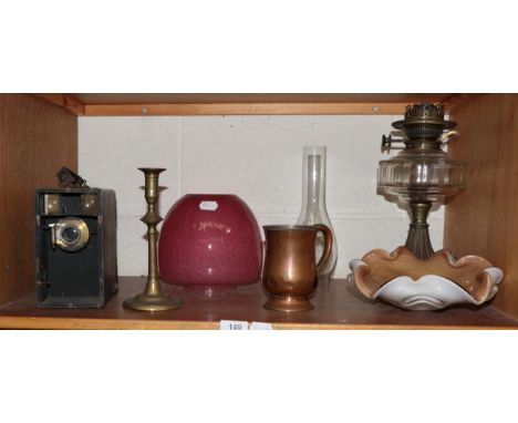 An oil lamp; an old camera and sundry 