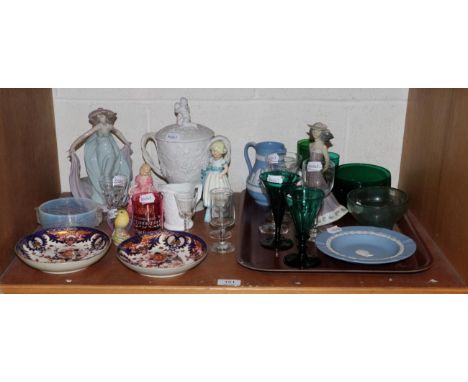 A collection of miscellaneous ceramics including Derby Imari dishes, two Lladro figures. a Royal Worcester 'Monday's Child' a