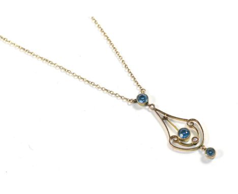 A seed pearl and gem set pendant on a conforming trace link chain, both stamped '9CT', pendant length 3.7cm, chain length 41c