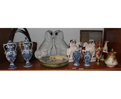 A group of ceramics and metal wares including Staffordshire seated spaniels; Royal Worcester (a.f.); silver plate flatware; b