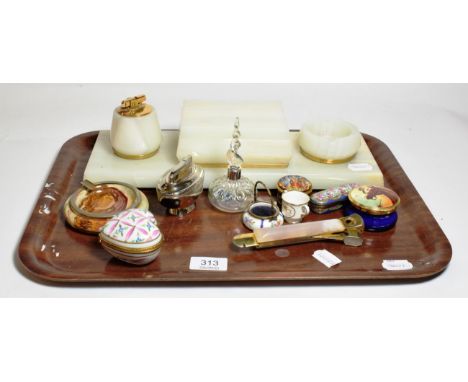 A Betjemann's patent white onyx table top smoker's companion set together with a quartz mounted cigar cutter; enamel boxes et