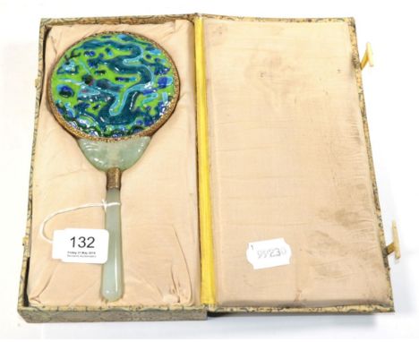 A cased Chinese jade and enamel hand mirror, 20th century
