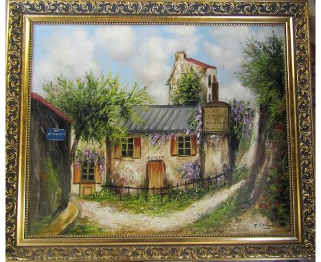 Gilt framed oil on canvas of a rural French bar signed R Callade 85 cm x 71 cm (size including frame)