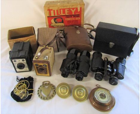 Tilley paraffin pressure domestic iron, Coronet Ambassador camera, Kodak brownie model F camera with flash contacts, Pathesco