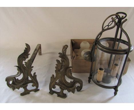 Pair of fire dogs, ceiling light &amp; set of 4 lamp shades