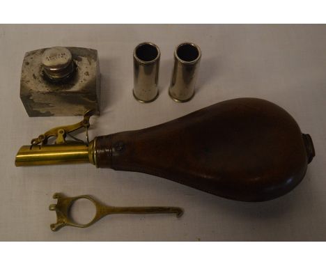 Army &amp; Navy 12 bore snap caps, Army &amp; Navy oil bottle, 19th century shot flask &amp; a 12 bore cartridge extractor